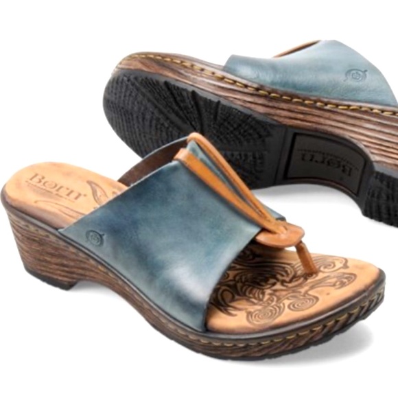 Born Shoes Born Hanita Rey Blue Leather Wedge Wood Grain Heel